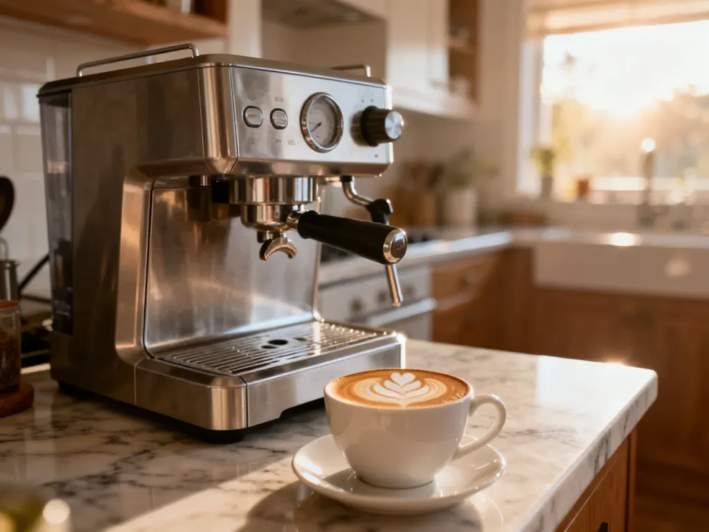 Nowoczesny ekspres do kawy na marmurowym blacie z filiżanką świeżego napoju z latte art w słonecznej kuchni.