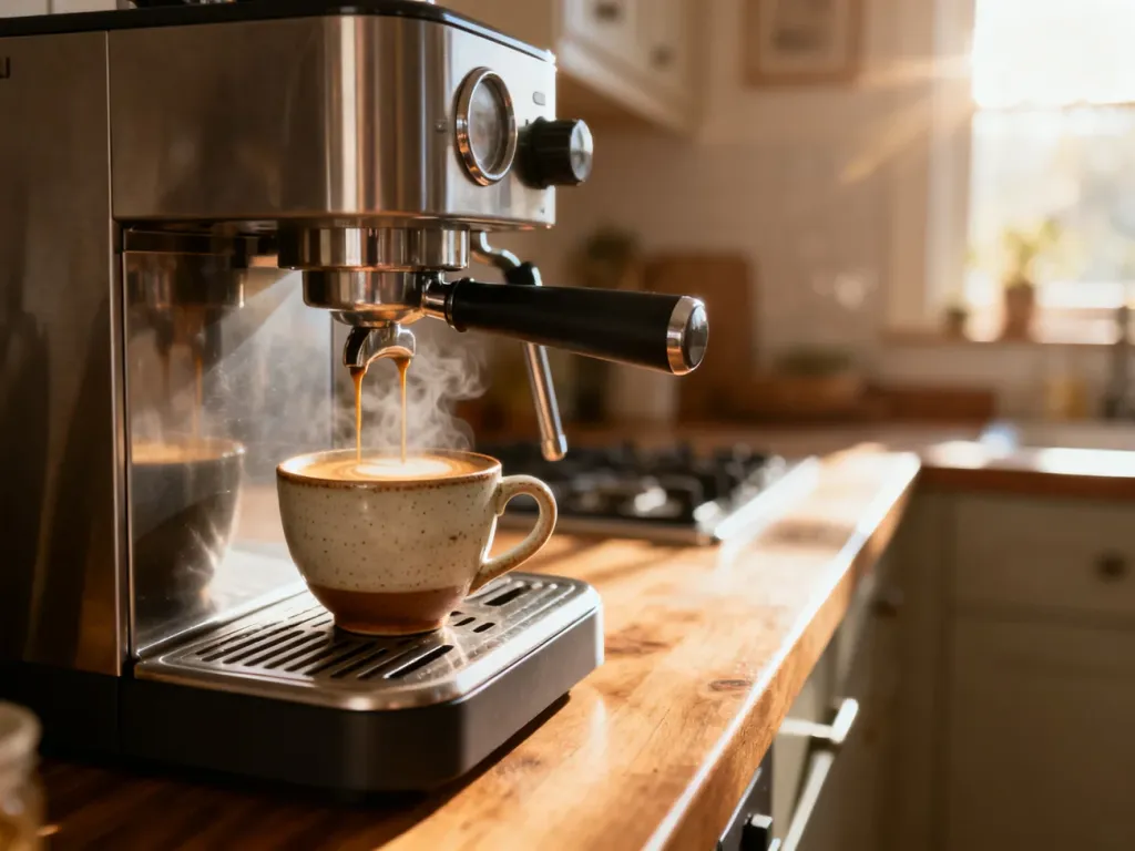 Nowoczesny ekspres Krups parzący świeże espresso do ceramicznej filiżanki w przytulnej, słonecznej kuchni.