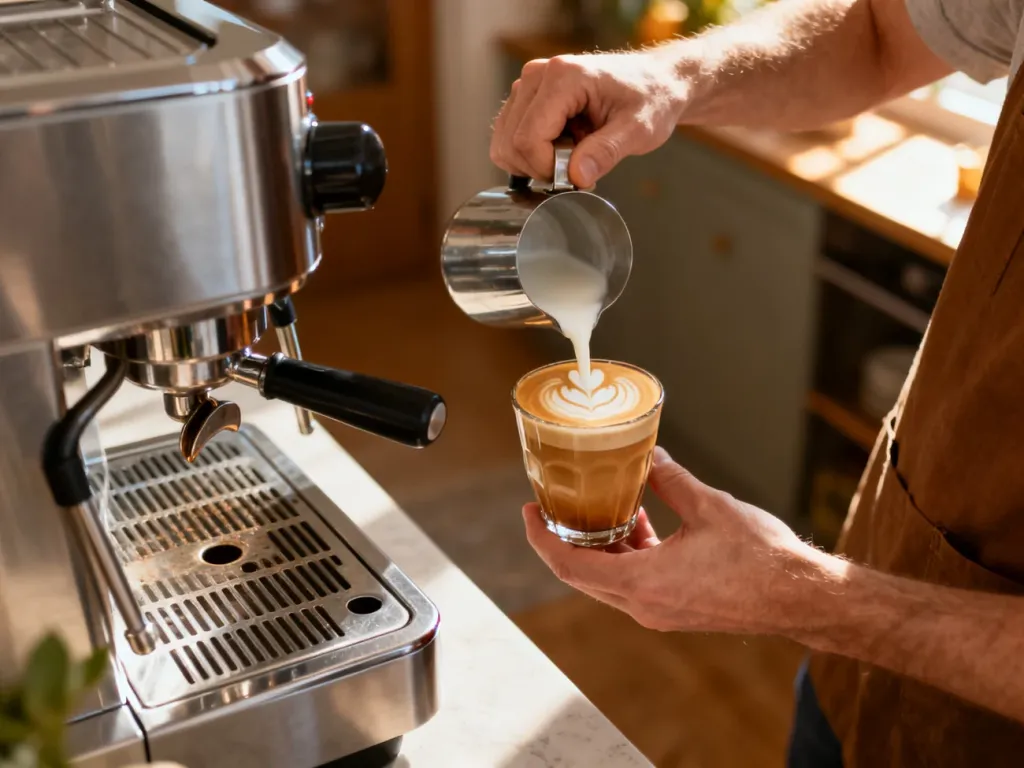 Osoba wlewa spienione mleko do espresso z ekspresu DeLonghi, tworząc latte art w przytulnej, słonecznej kuchni.