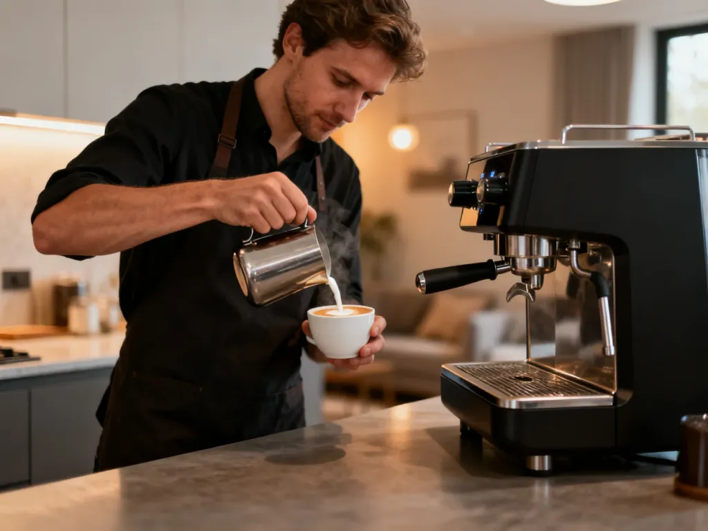 Barista przygotowuje kawę z mleczną pianką przy użyciu nowoczesnego ekspresu w domowej kuchni.