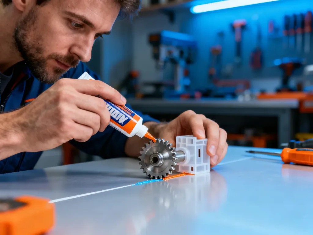 Mężczyzna nakłada klej na metalową zębatkę i plastikowy element na profesjonalnym stole warsztatowym.